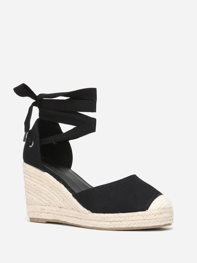 Espadrilles compensées noires avec ruban à nouer
