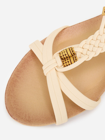 Sandales compensées beiges à perles effet bois