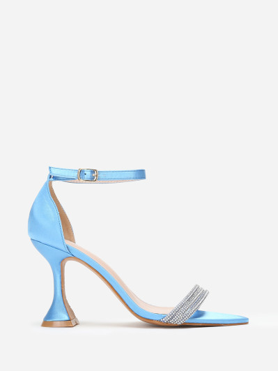 Sandales bleues satinées à strass et talon bobine