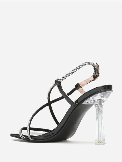 Sandales noires à talon fin transparent et strass