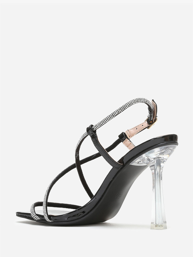 Sandales noires à talon fin transparent et strass