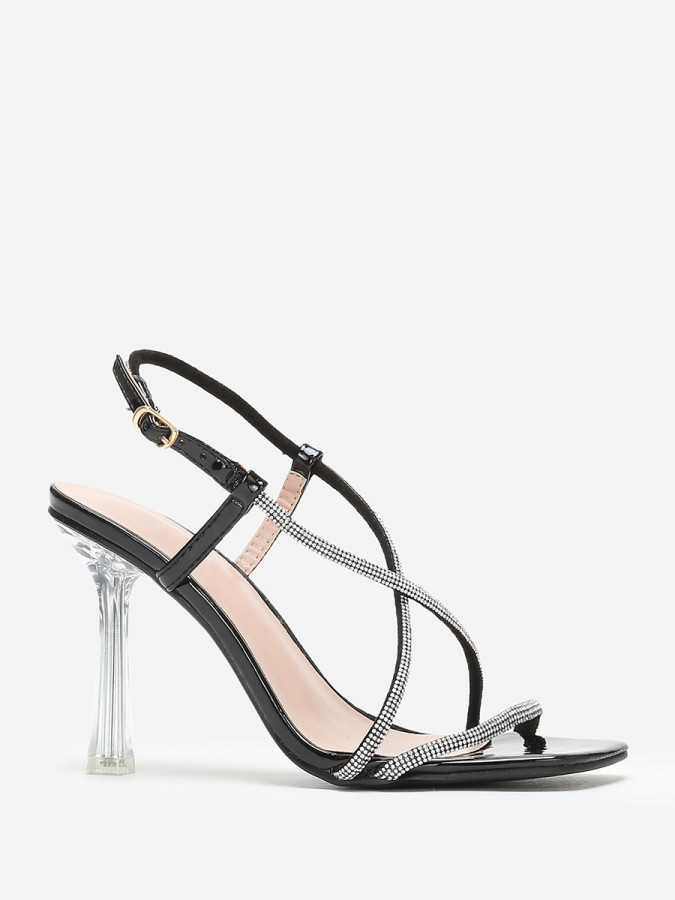 Sandales noires à talon fin transparent et strass
