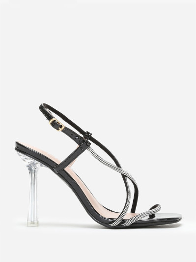 Sandales noires à talon fin transparent et strass