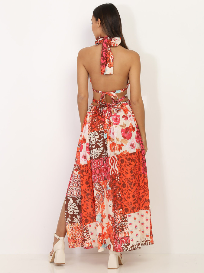 Robe longue fendue orange à motifs en patchwork
