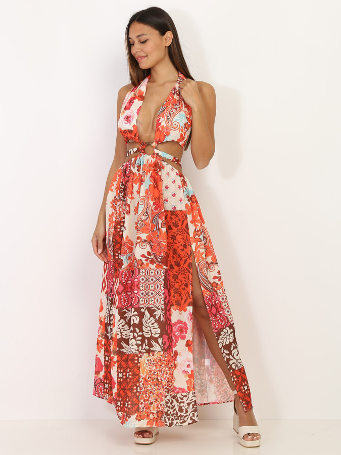 Robe longue fendue orange à motifs en patchwork