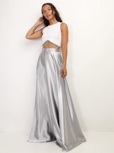 Jupe longue gris taille haute effet satinée