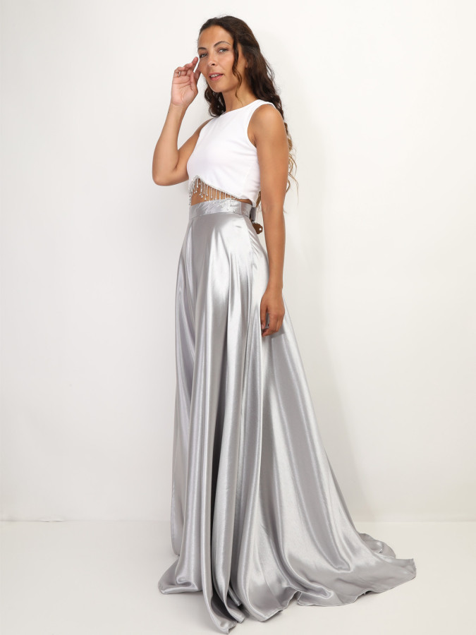 Jupe longue gris taille haute effet satinée