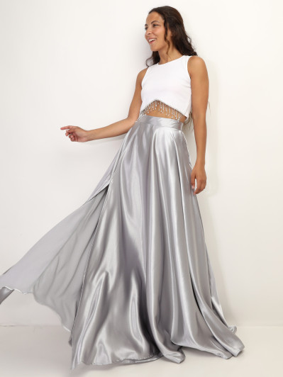Jupe longue gris taille haute effet satinée