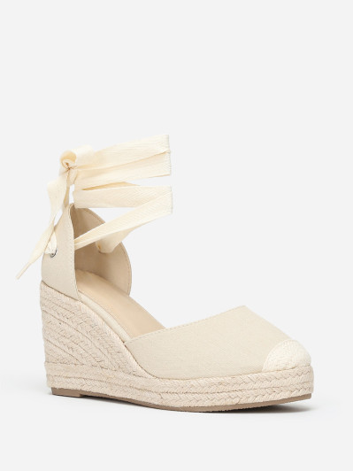 Espadrilles compensées beiges avec ruban à nouer