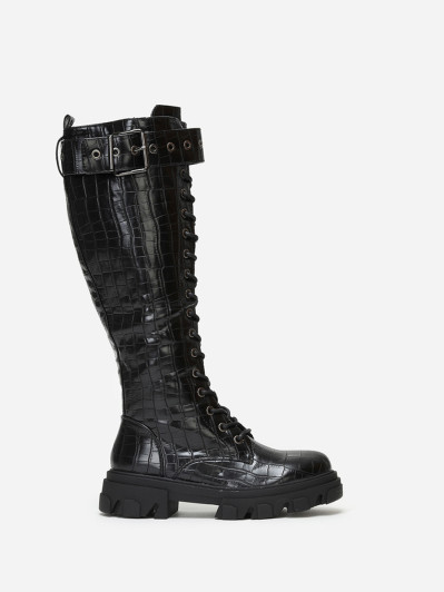 Bottes rangers chunky noires croco avec bride à boucle