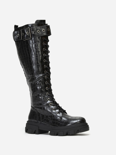 Bottes rangers chunky noires croco avec bride à boucle