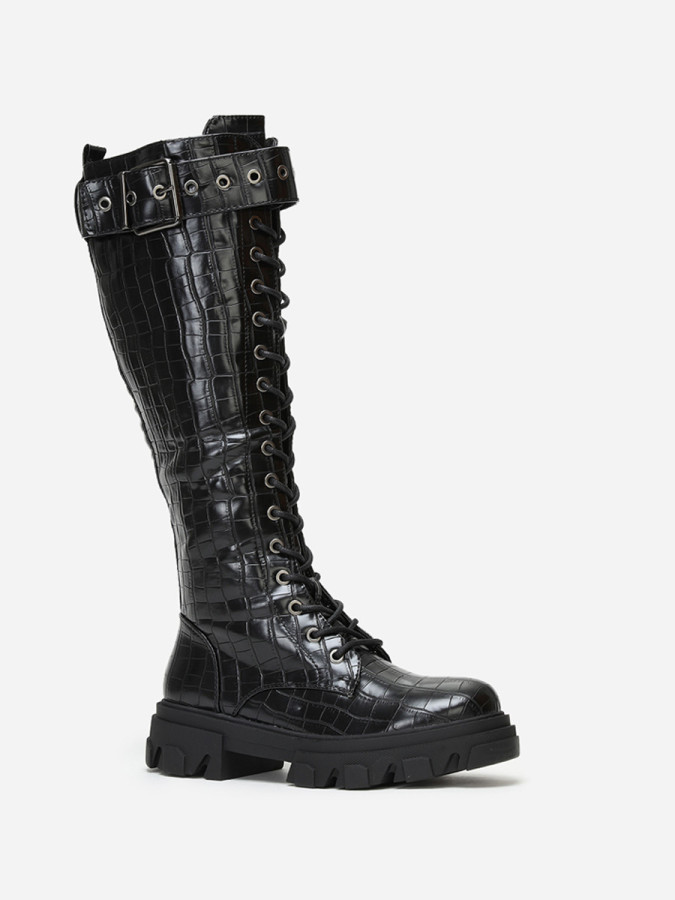 Bottes rangers chunky noires croco avec bride à boucle
