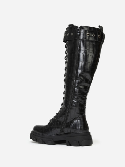 Bottes rangers chunky noires croco avec bride à boucle