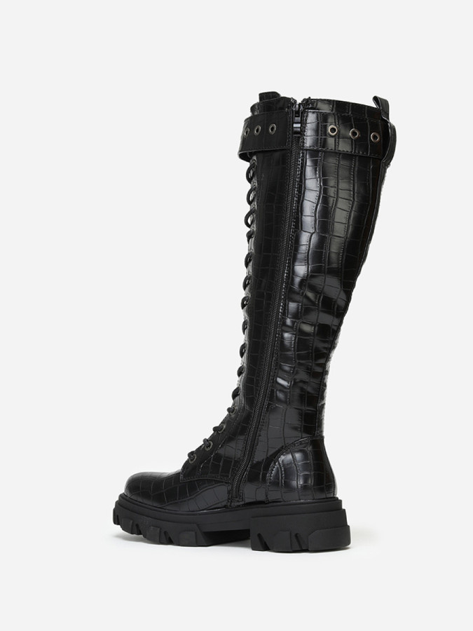 Bottes rangers chunky noires croco avec bride à boucle