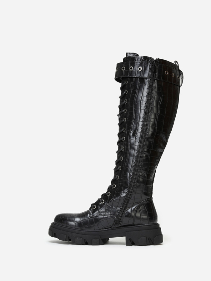 Bottes rangers chunky noires croco avec bride à boucle