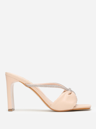 Mules carrées beiges en simili à strass