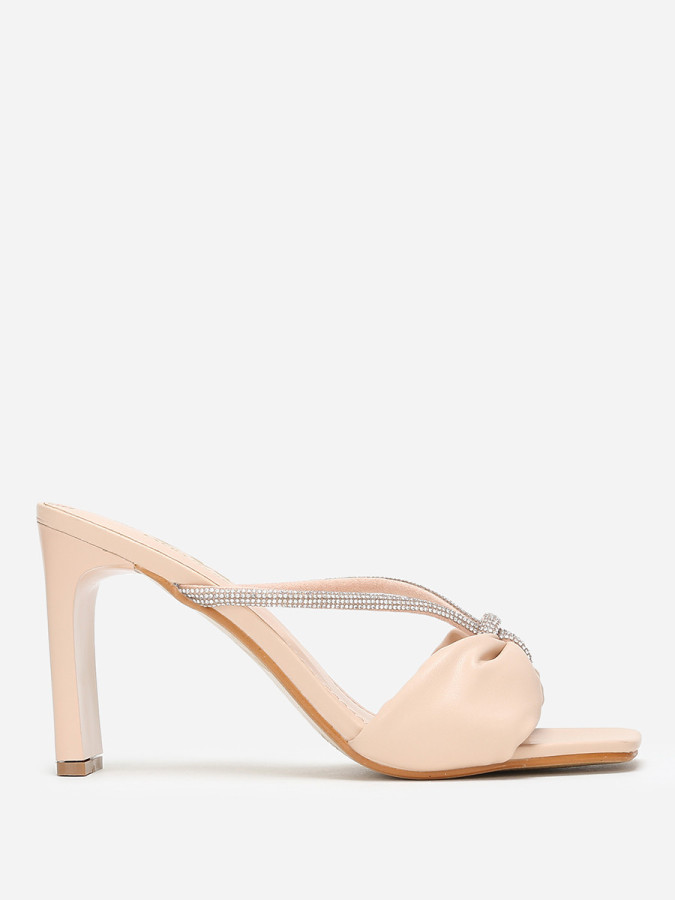 Mules carrées beiges en simili à strass