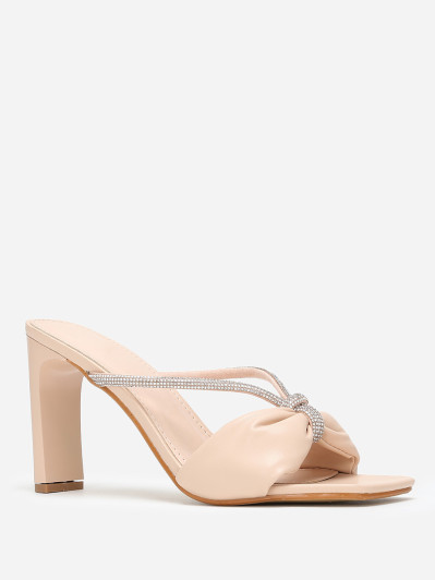 Mules carrées beiges en simili à strass