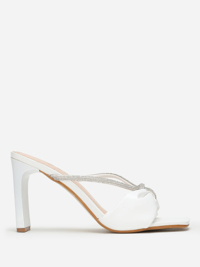 Mules carrées blanches en simili à strass