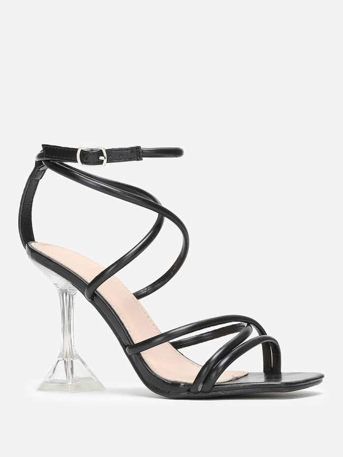 Sandales noires à muli-brides et talon bobine transparent