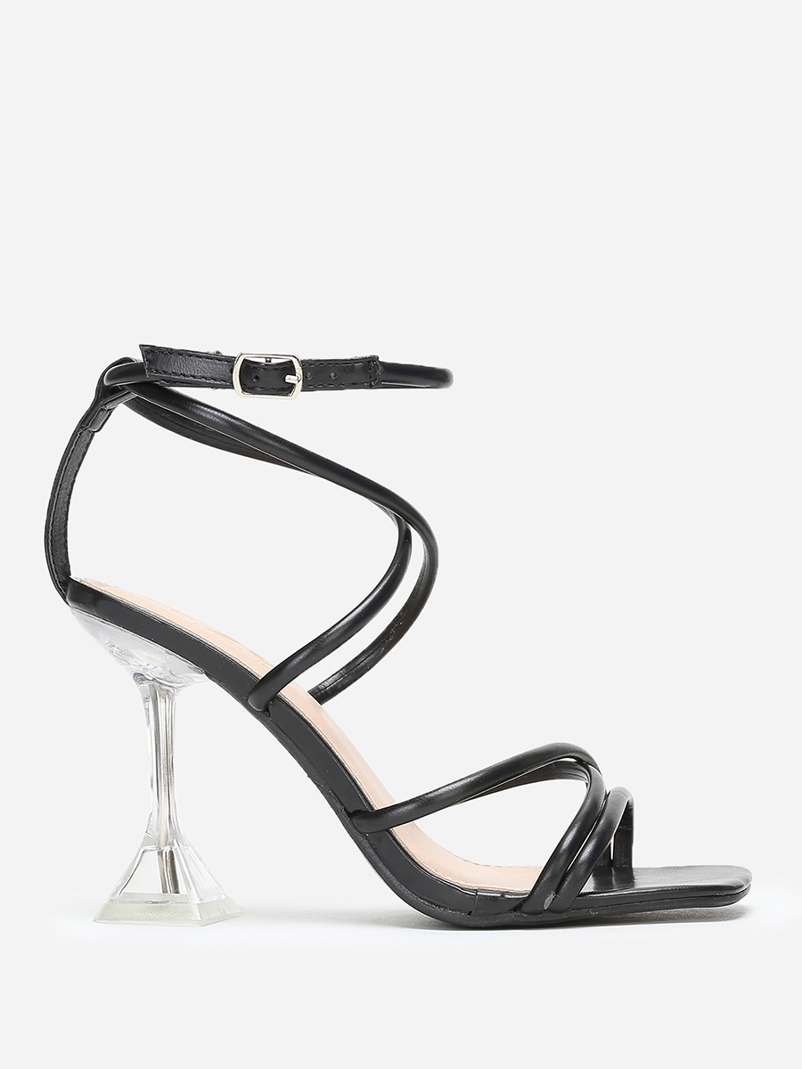 Sandales noires à muli-brides et talon bobine transparent