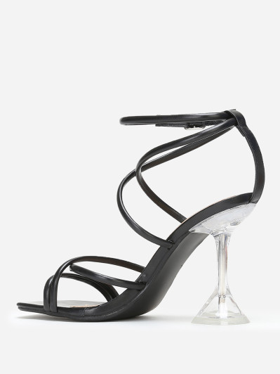 Sandales noires à muli-brides et talon bobine transparent