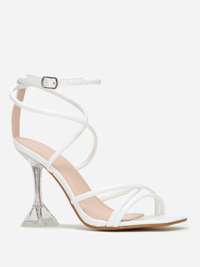 Sandales blanches à muli-brides et talon bobine transparent