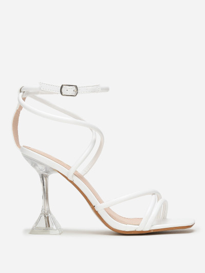 Sandales blanches à muli-brides et talon bobine transparent