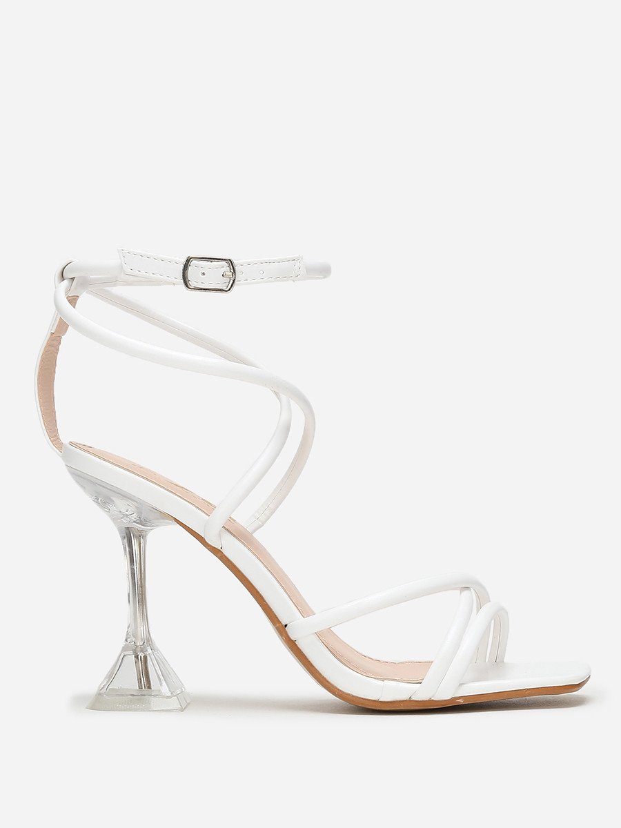 Sandales blanches à muli-brides et talon bobine transparent