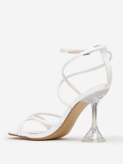 Sandales blanches à muli-brides et talon bobine transparent