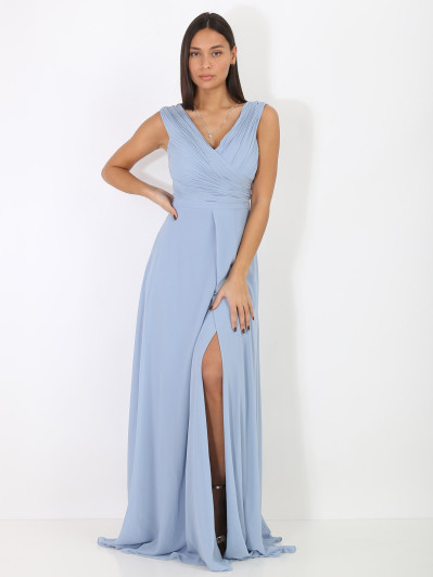 Robe longue drapée bleue avec fente