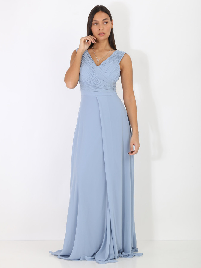Robe longue drapée bleue avec fente