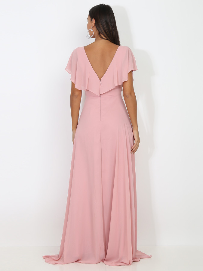Robe longue rose décolleté à volants