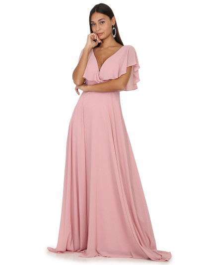 Robe longue rose décolleté à volants