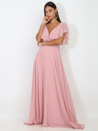 Robe longue rose décolleté à volants