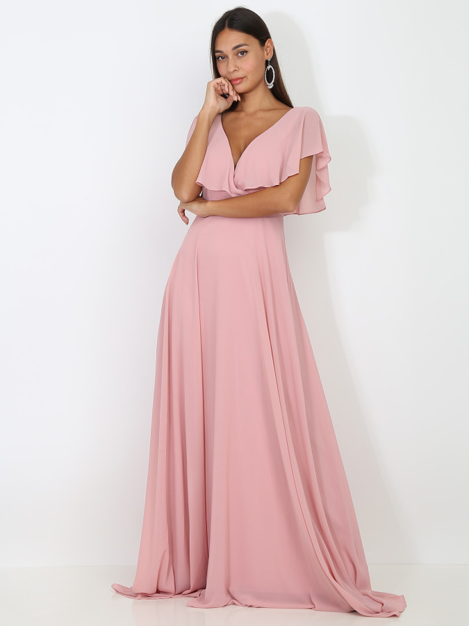 Robe longue rose décolleté à volants