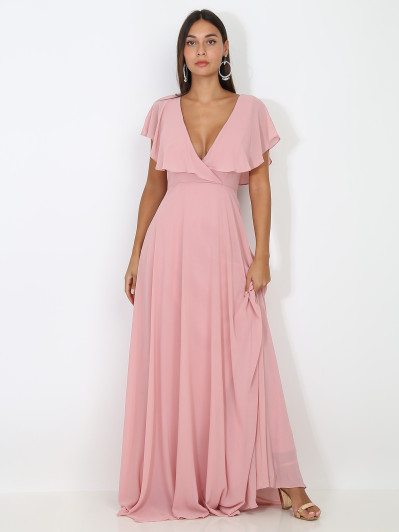 Robe longue rose décolleté à volants