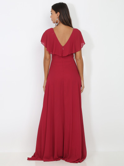 Robe longue rouge décolleté à volants