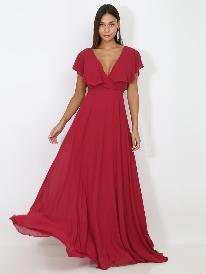 Robe longue rouge décolleté à volants