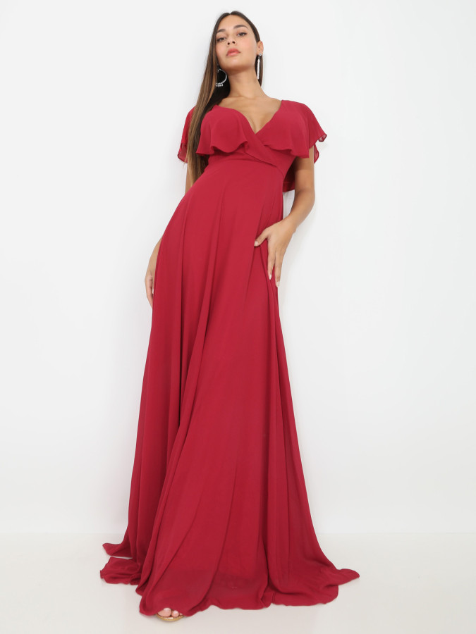 Robe longue rouge décolleté à volants