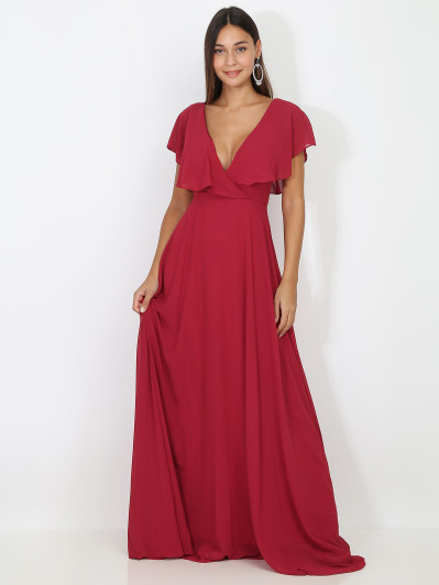 Robe longue rouge décolleté à volants