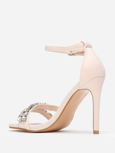 Sandales beiges en tissu à strass et talon fin