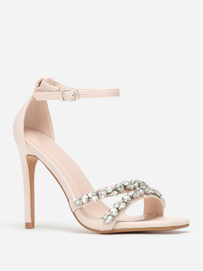 Sandales beiges en tissu à strass et talon fin