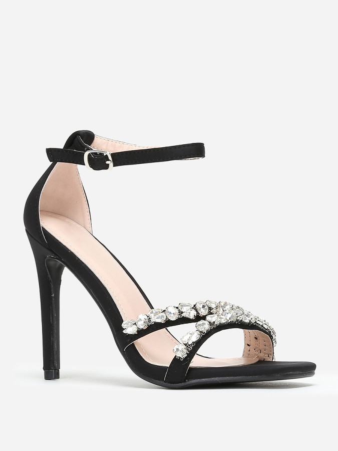 Sandales noires en tissu à strass et talon fin