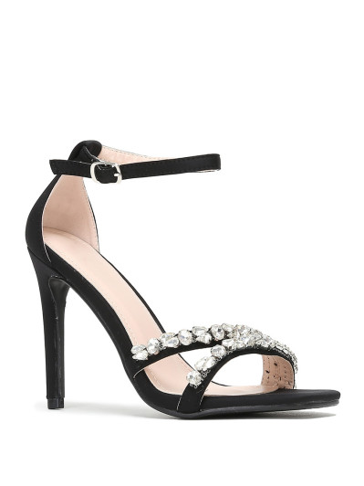 Sandales noires en tissu à strass et talon fin