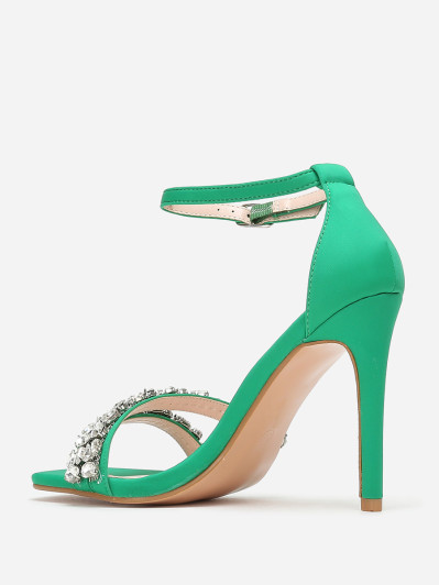 Sandales vertes en tissu à strass et talon fin