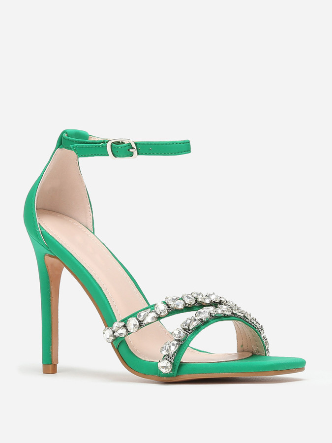 Sandales vertes en tissu à strass et talon fin