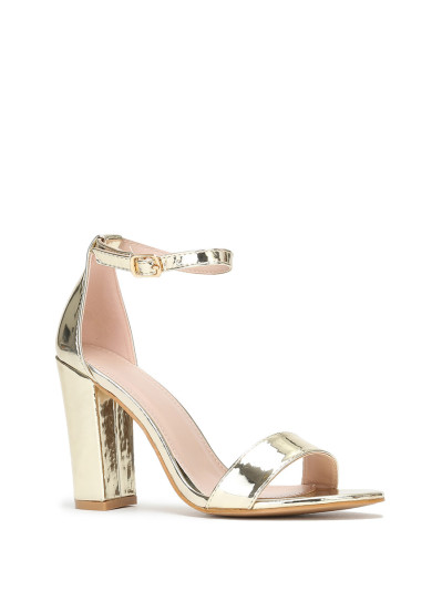 Sandales dorées en simili verni à talon carré