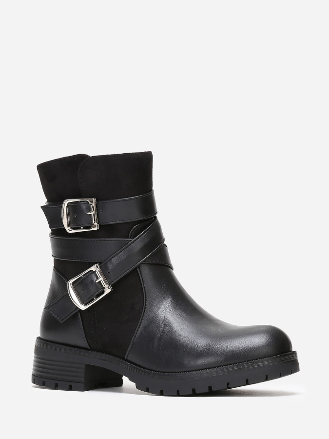 Bottines noires en simili et suédine à multi-brides