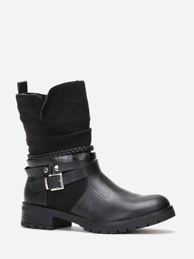 Bottines noires à multi-brides texturées grandes tailles